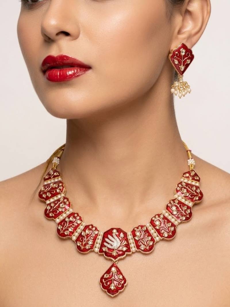 Meenakari peacock  necklace set with pearl earrings | indian bridal festival jewelry