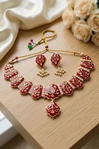 Meenakari peacock  necklace set with pearl earrings | indian bridal festival jewelry