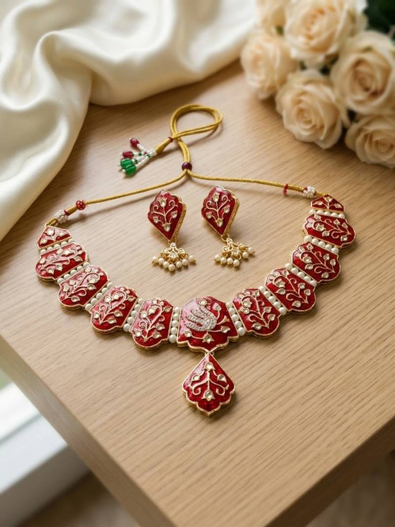 Meenakari peacock  necklace set with pearl earrings | indian bridal festival jewelry