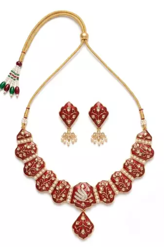 Meenakari peacock  necklace set with pearl earrings | indian bridal festival jewelry