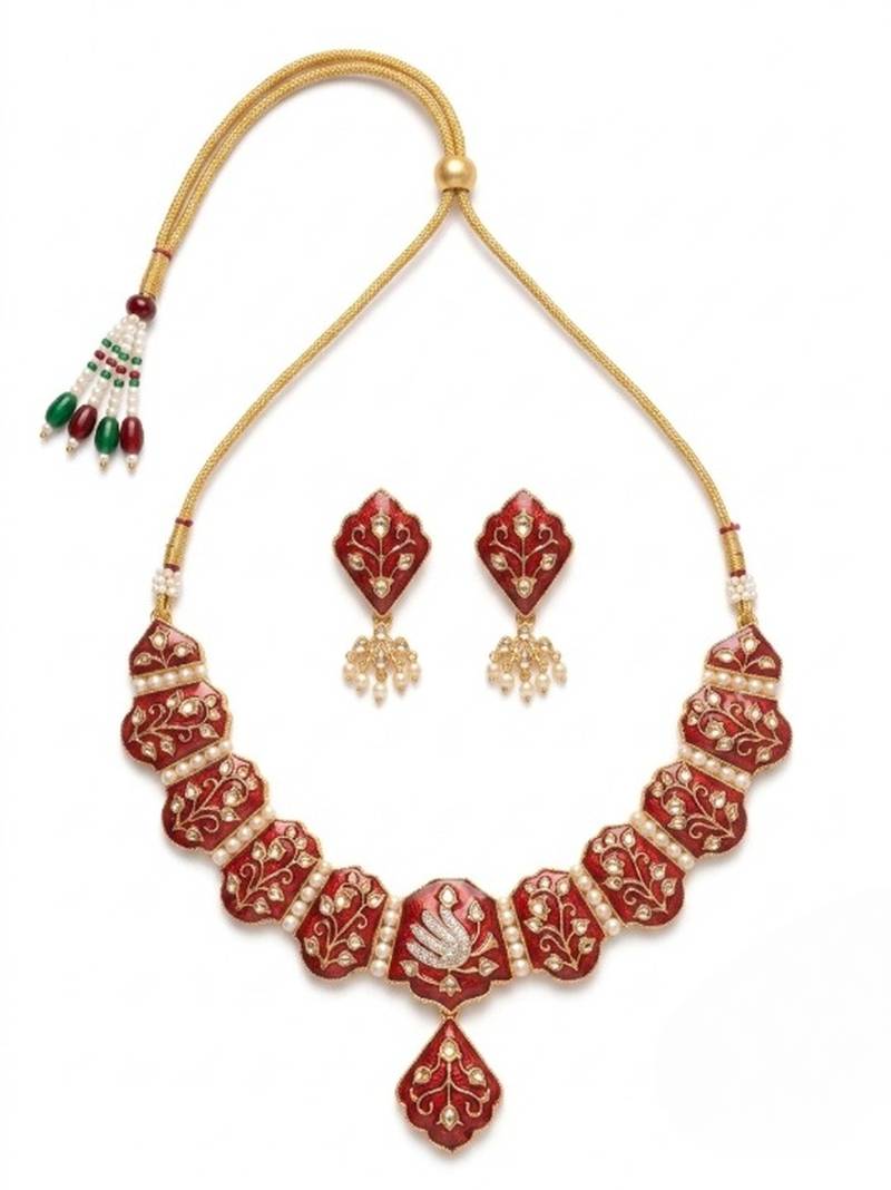 Meenakari peacock  necklace set with pearl earrings | indian bridal festival jewelry