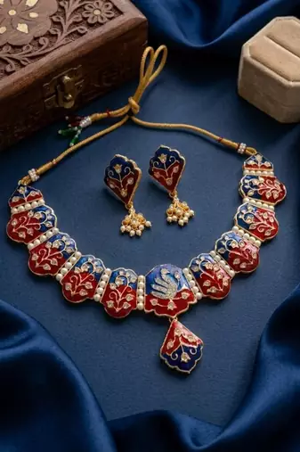 Meenakari peacock  necklace set with pearl earrings | indian bridal festival jewelry