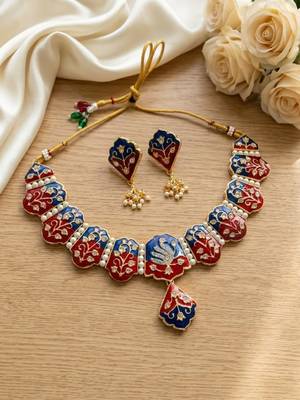 Meenakari peacock  necklace set with pearl earrings | indian bridal festival jewelry 2
