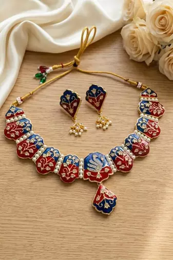 Meenakari peacock  necklace set with pearl earrings | indian bridal festival jewelry