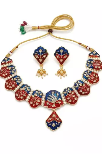 Meenakari peacock  necklace set with pearl earrings | indian bridal festival jewelry