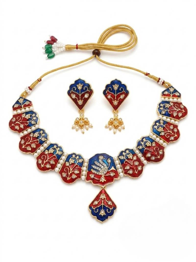 Meenakari peacock  necklace set with pearl earrings | indian bridal festival jewelry
