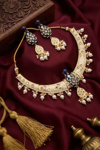 Royal peacock meenakari kundan necklace set with pearl drops | handcrafted indian bridal choker & earrings