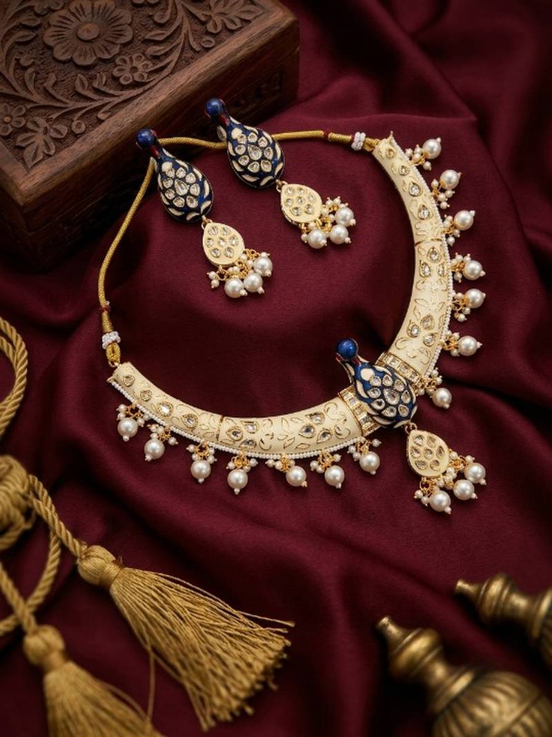 Royal peacock meenakari kundan necklace set with pearl drops | handcrafted indian bridal choker & earrings