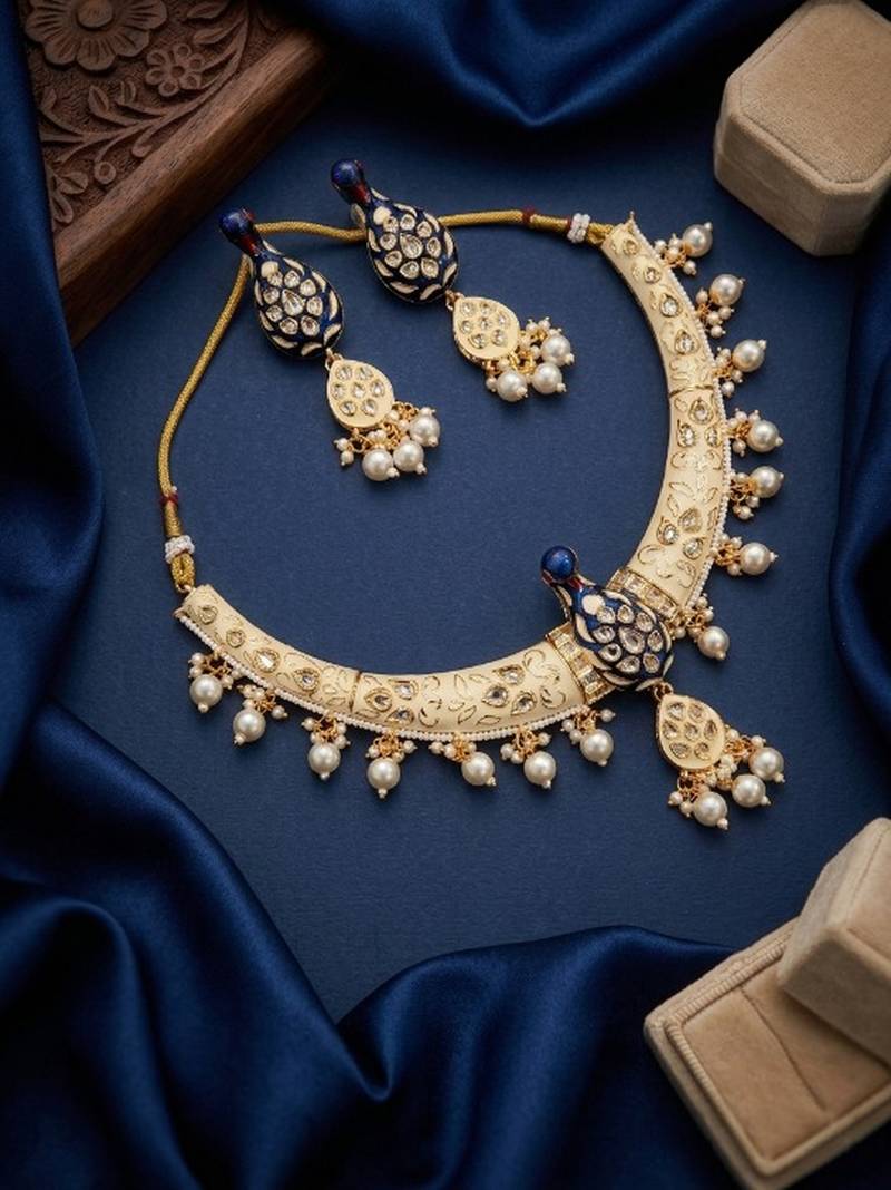 Royal peacock meenakari kundan necklace set with pearl drops | handcrafted indian bridal choker & earrings