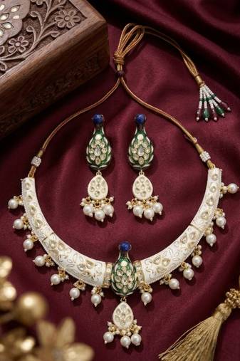 Royal peacock meenakari kundan necklace set with pearl drops | handcrafted indian bridal choker & earrings