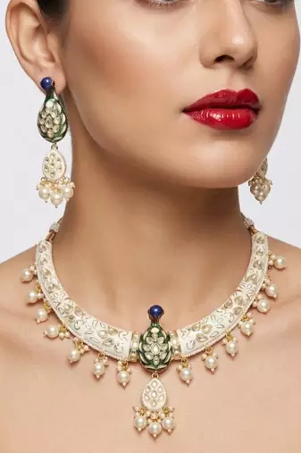 Royal peacock meenakari kundan necklace set with pearl drops | handcrafted indian bridal choker & earrings