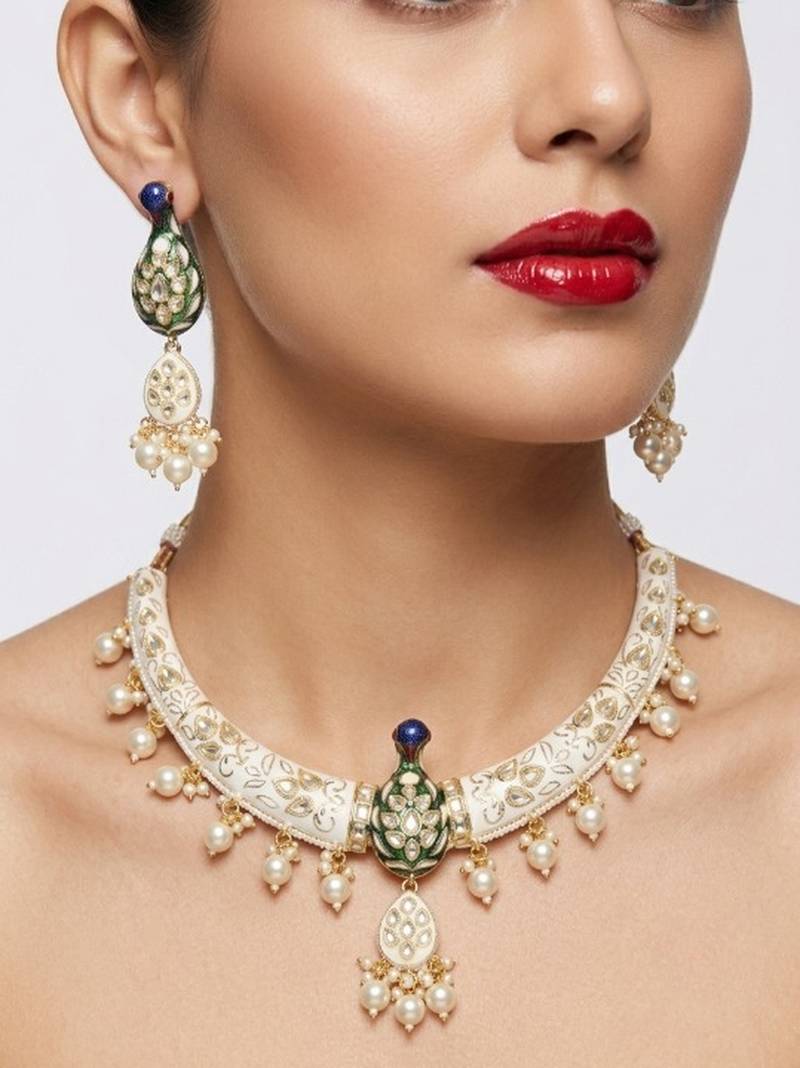 Royal peacock meenakari kundan necklace set with pearl drops | handcrafted indian bridal choker & earrings