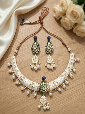 Royal peacock meenakari kundan necklace set with pearl drops | handcrafted indian bridal choker & earrings 3