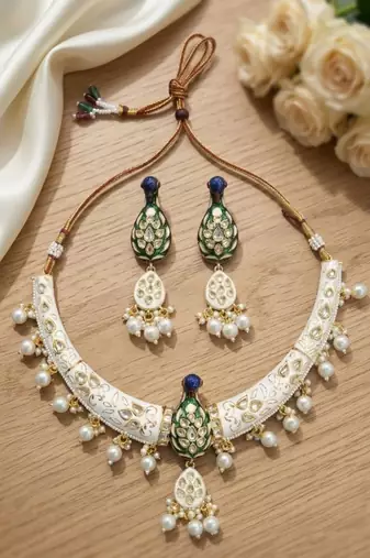 Royal peacock meenakari kundan necklace set with pearl drops | handcrafted indian bridal choker & earrings