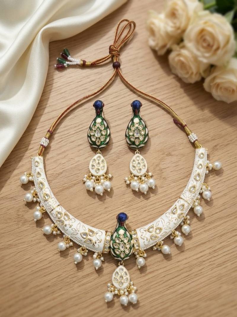 Royal peacock meenakari kundan necklace set with pearl drops | handcrafted indian bridal choker & earrings