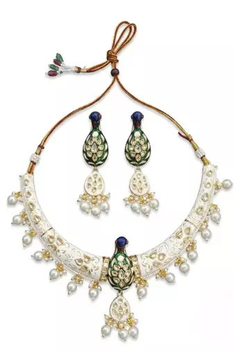 Royal peacock meenakari kundan necklace set with pearl drops | handcrafted indian bridal choker & earrings