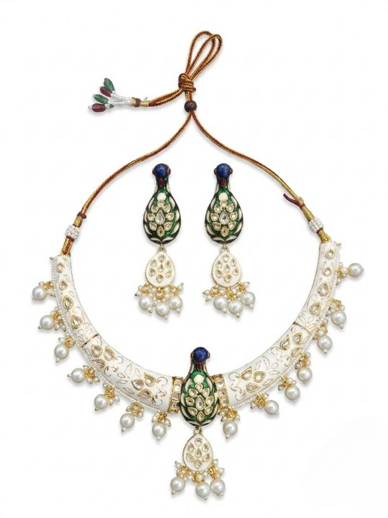 Royal peacock meenakari kundan necklace set with pearl drops | handcrafted indian bridal choker & earrings