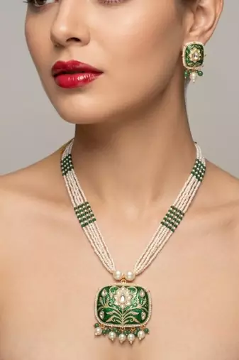Green enamel kundan pearl long necklace set with earrings | royal indian bridal & festival jewelry for women