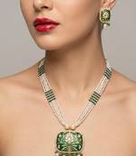 Green enamel kundan pearl long necklace set with earrings | royal indian bridal & festival jewelry for women
