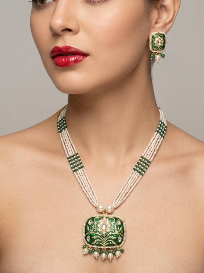Green enamel kundan pearl long necklace set with earrings | royal indian bridal & festival jewelry for women