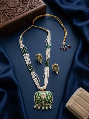 Green enamel kundan pearl long necklace set with earrings | royal indian bridal & festival jewelry for women 2