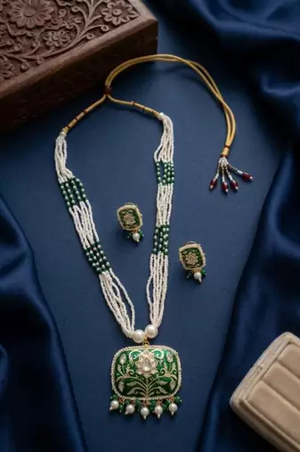 Green enamel kundan pearl long necklace set with earrings | royal indian bridal & festival jewelry for women