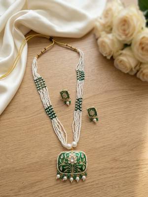 Green enamel kundan pearl long necklace set with earrings | royal indian bridal & festival jewelry for women 3