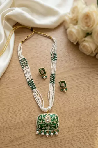 Green enamel kundan pearl long necklace set with earrings | royal indian bridal & festival jewelry for women