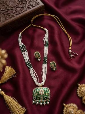 Green enamel kundan pearl long necklace set with earrings | royal indian bridal & festival jewelry for women 4