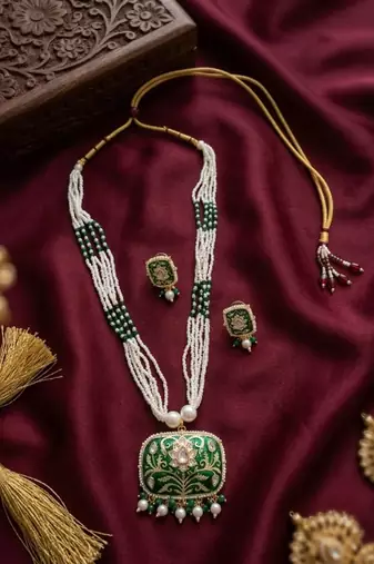 Green enamel kundan pearl long necklace set with earrings | royal indian bridal & festival jewelry for women