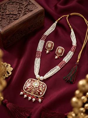 Red kundan pearl long necklace set with earrings | royal indian bridal & festival jewelry for women 1