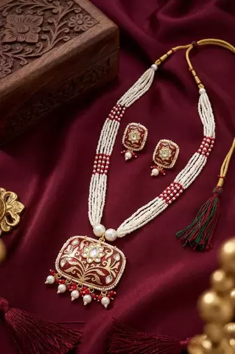 Red kundan pearl long necklace set with earrings | royal indian bridal & festival jewelry for women