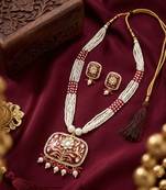 Red kundan pearl long necklace set with earrings | royal indian bridal & festival jewelry for women