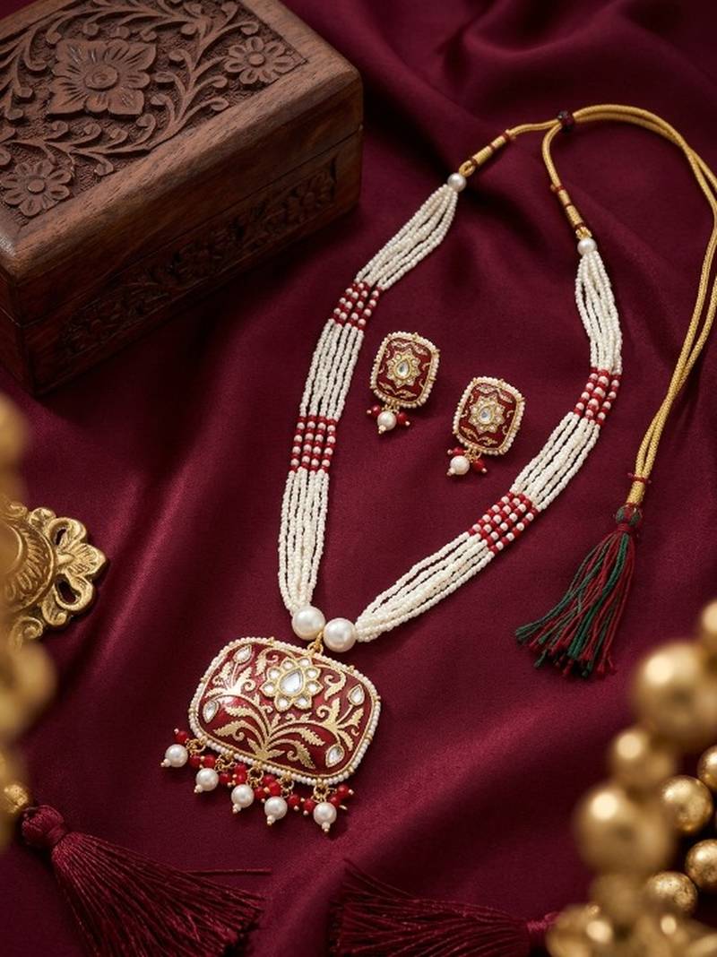 Red kundan pearl long necklace set with earrings | royal indian bridal & festival jewelry for women