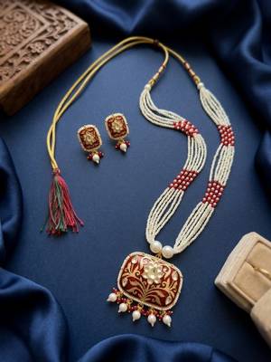 Red kundan pearl long necklace set with earrings | royal indian bridal & festival jewelry for women 2