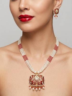 Red kundan pearl long necklace set with earrings | royal indian bridal & festival jewelry for women 3