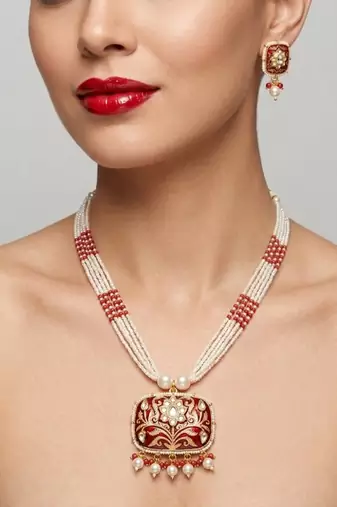 Red kundan pearl long necklace set with earrings | royal indian bridal & festival jewelry for women