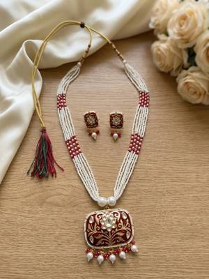 Red kundan pearl long necklace set with earrings | royal indian bridal & festival jewelry for women 4