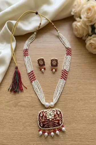 Red kundan pearl long necklace set with earrings | royal indian bridal & festival jewelry for women