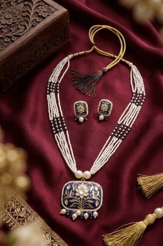 Red kundan pearl long necklace set with earrings | royal indian bridal & festival jewelry for women