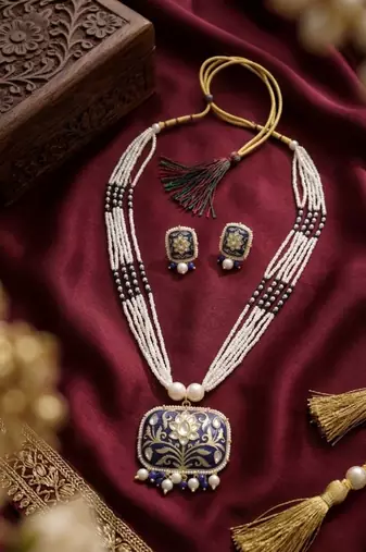 Red kundan pearl long necklace set with earrings | royal indian bridal & festival jewelry for women