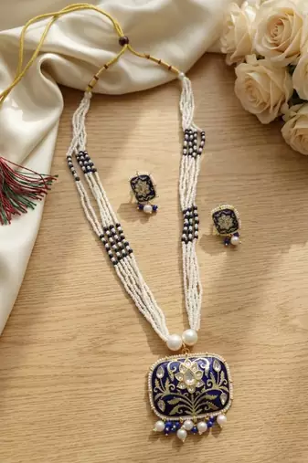 Red kundan pearl long necklace set with earrings | royal indian bridal & festival jewelry for women