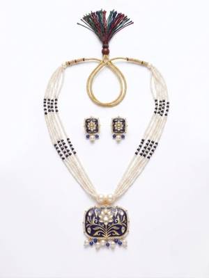 Red kundan pearl long necklace set with earrings | royal indian bridal & festival jewelry for women 3