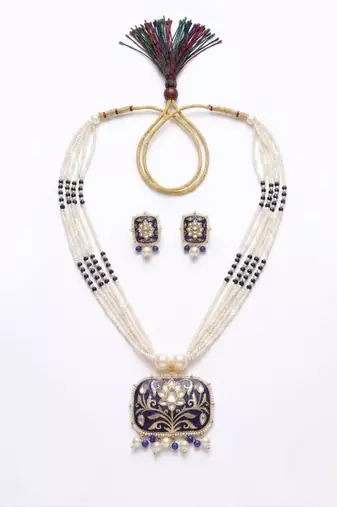 Red kundan pearl long necklace set with earrings | royal indian bridal & festival jewelry for women