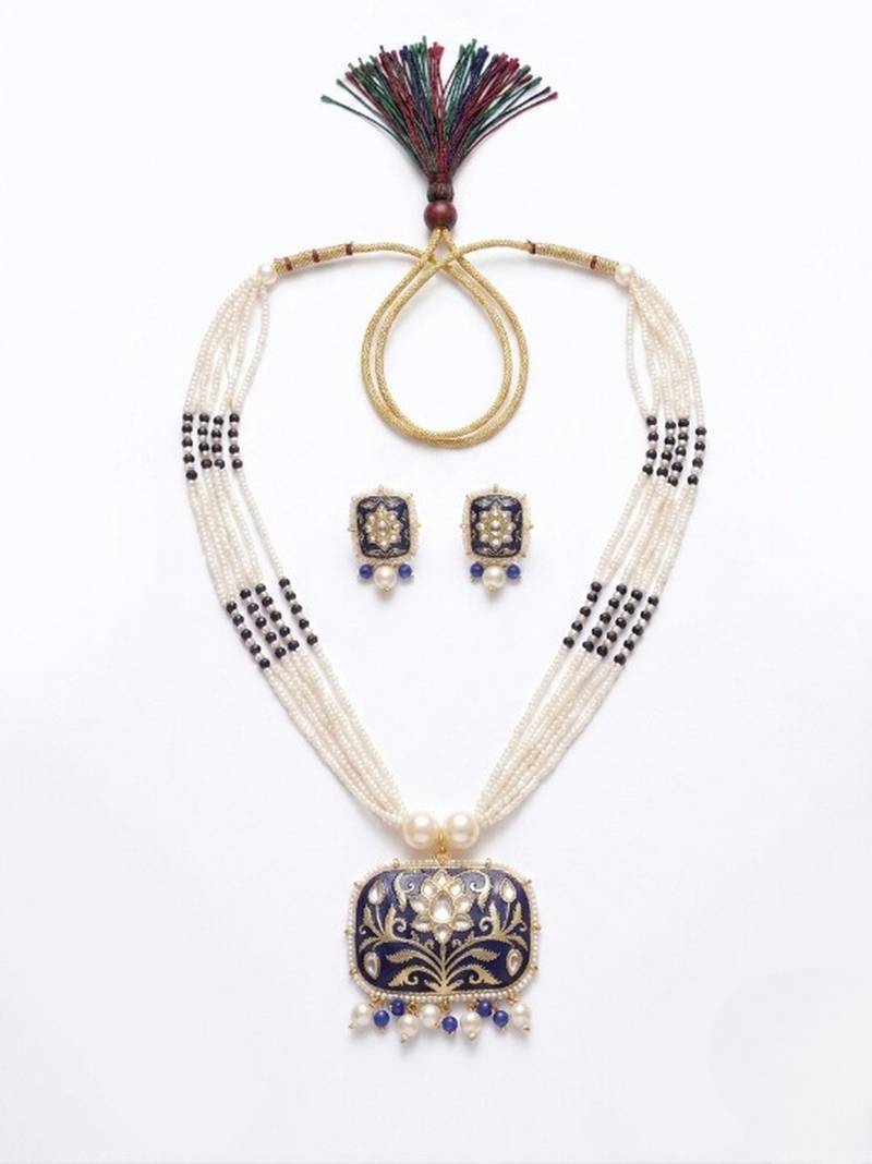 Red kundan pearl long necklace set with earrings | royal indian bridal & festival jewelry for women