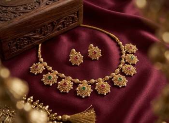 Gold plated temple jewelry set | traditional red & green stone choker necklace with matching earrings 1