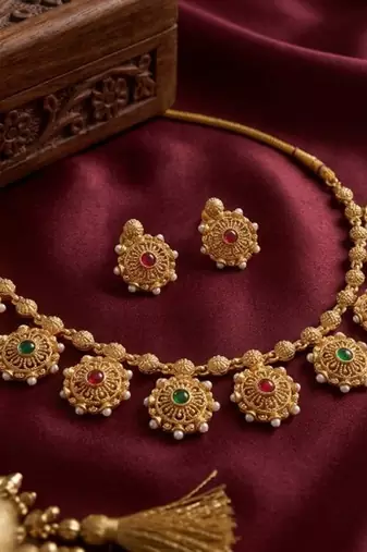 Gold plated temple jewelry set | traditional red & green stone choker necklace with matching earrings