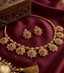 Gold plated temple jewelry set | traditional red & green stone choker necklace with matching earrings
