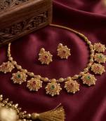 Gold plated temple jewelry set | traditional red & green stone choker necklace with matching earrings