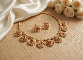Gold plated temple jewelry set | traditional red & green stone choker necklace with matching earrings 2